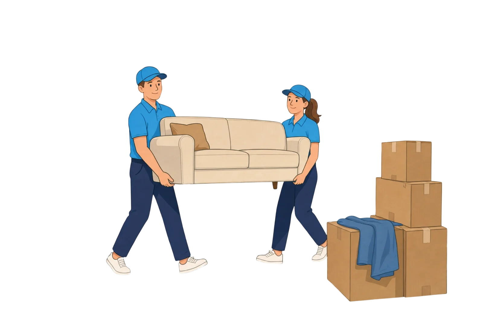 Zwei Sorglos-Mitarbeiter tragen ein Sofa, daneben stehen gepackte Kartons