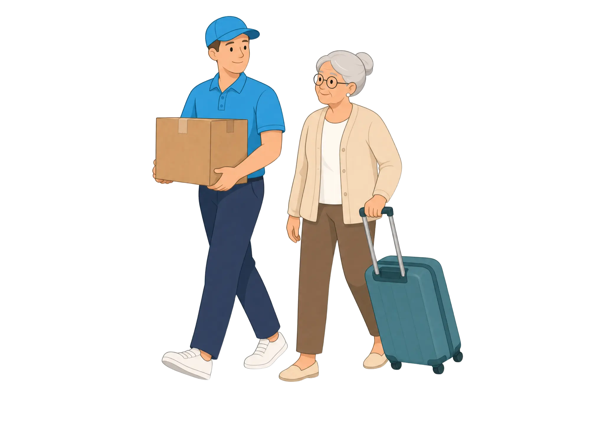 Seniorin mit Rollkoffer neben einem Helfer mit Umzugskarton