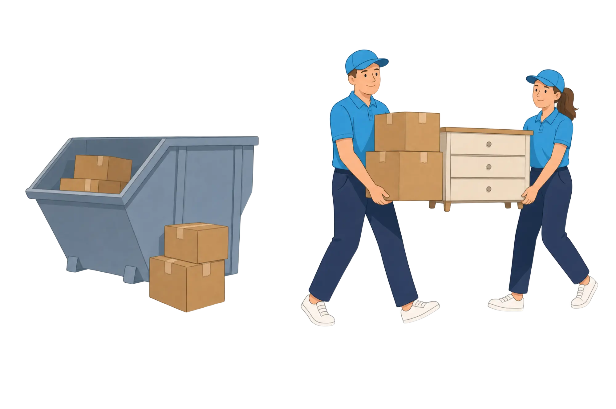 Illustration: einen Container selbst füllen gegenüber dem Sorglos-Team, das die Wohnung räumt