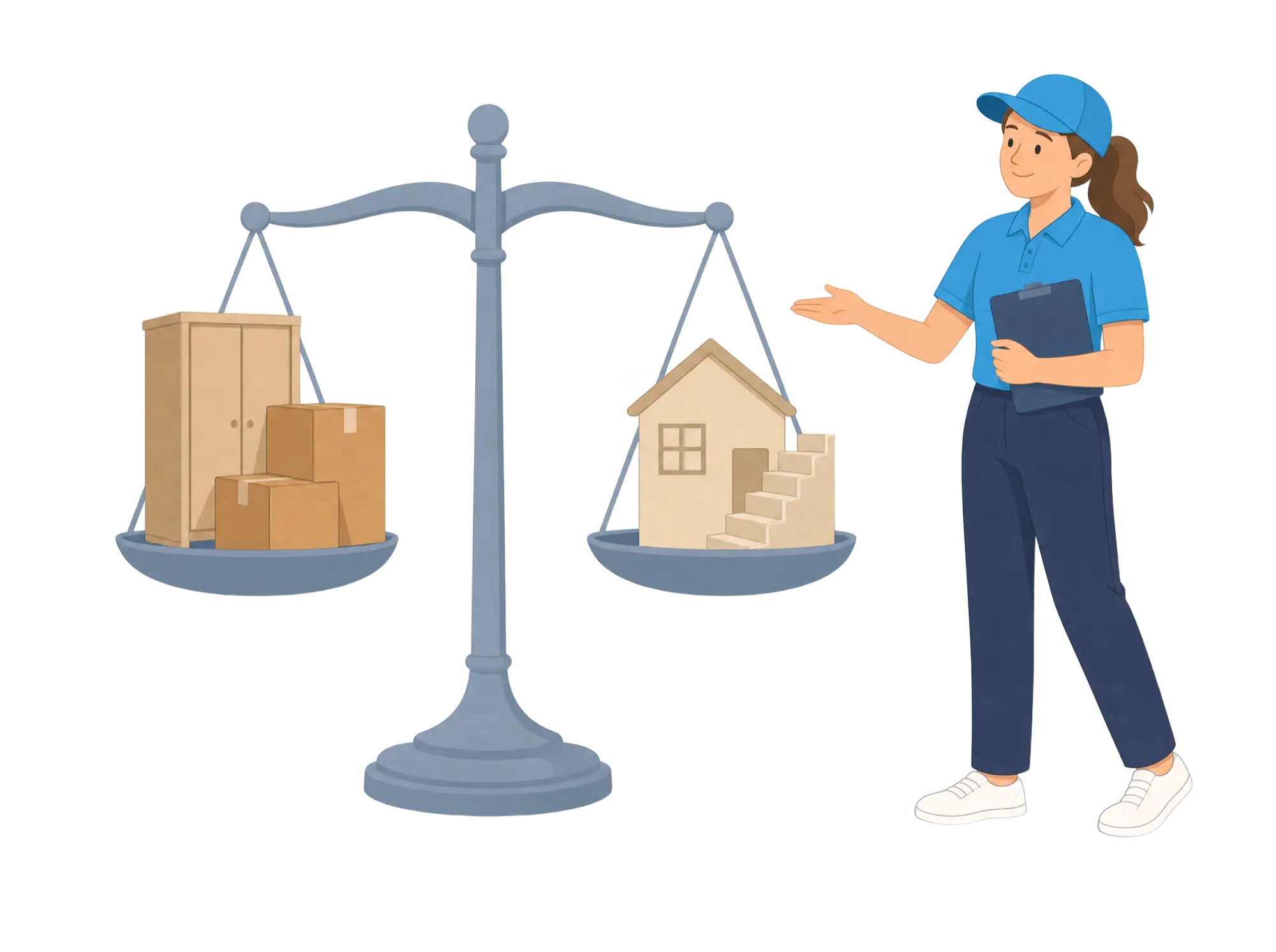 Illustration: Sorglos-Mitarbeiterin erklärt eine Waage mit Möbeln, Kartons, Haus und Treppe