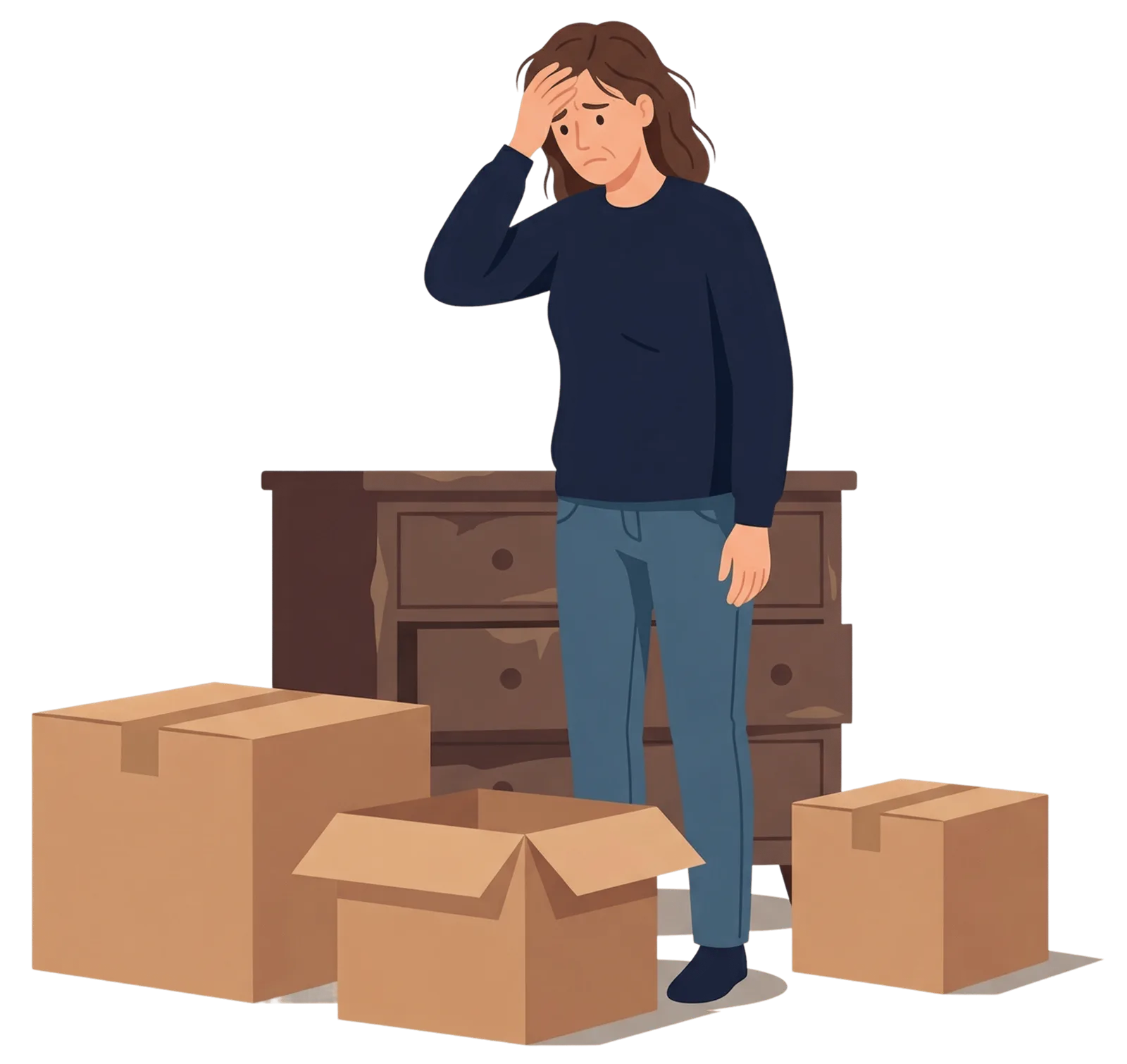 Illustration: Eine Person steht überfordert vor Kartons und Möbeln