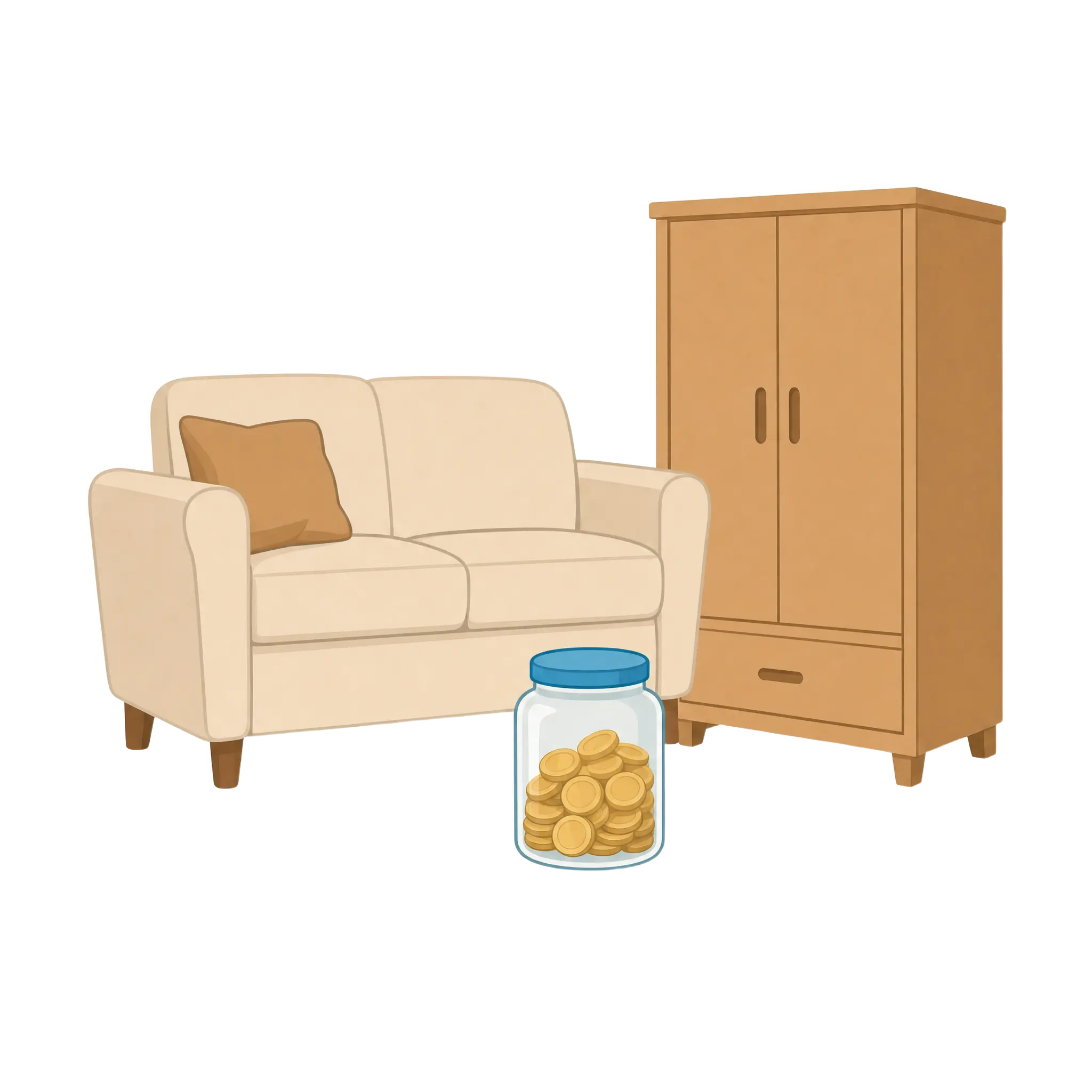 Freigestellte Illustration: Sofa und Kleiderschrank neben einem Glas mit Münzen, sinnbildlich für die Wertanrechnung bei der Haushaltsauflösung