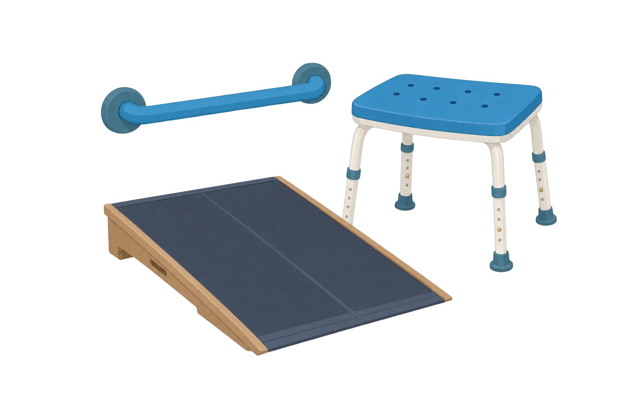 Illustration: Haltegriff, Duschhocker und kleine Rampe als wohnumfeldverbessernde Maßnahmen