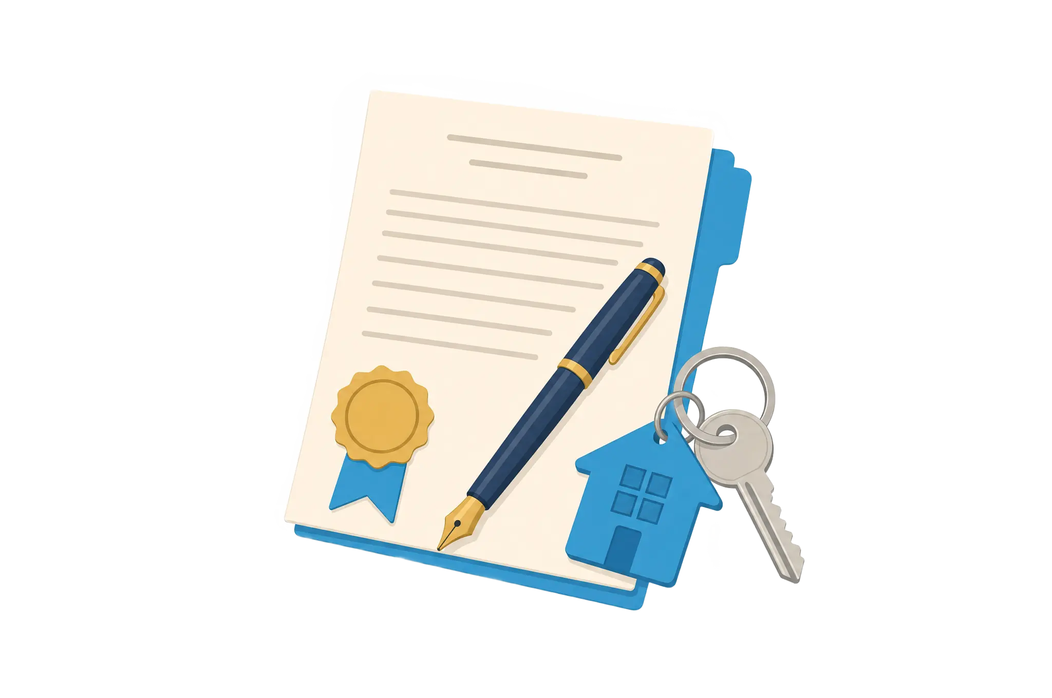 Illustration: Dokument mit Siegel, Füller und Wohnungsschlüssel