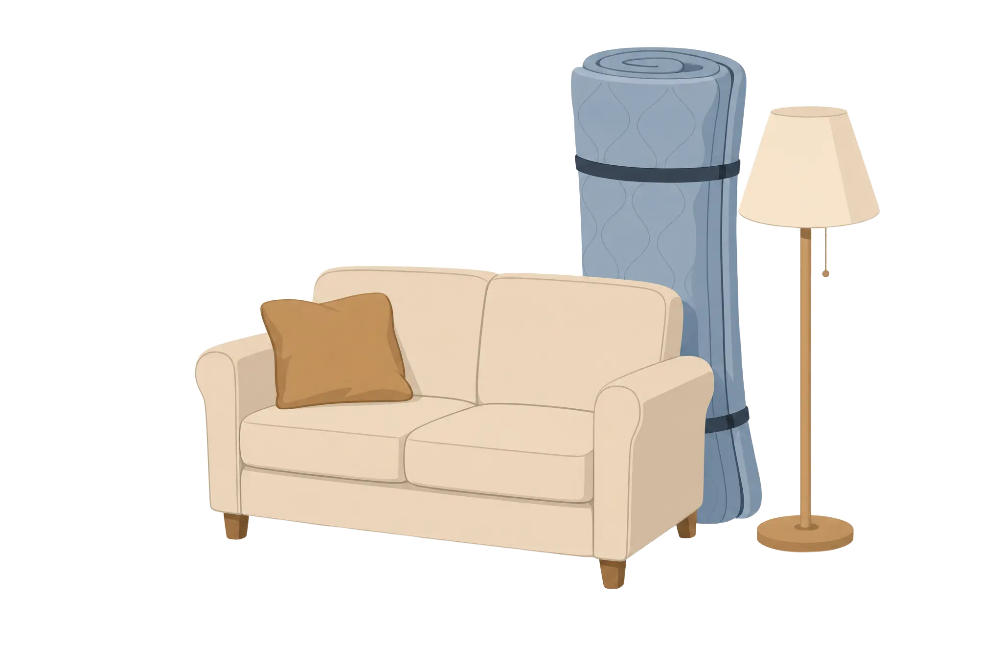 Illustration: Sofa, gerollte Matratze und Stehlampe als Sperrmüll