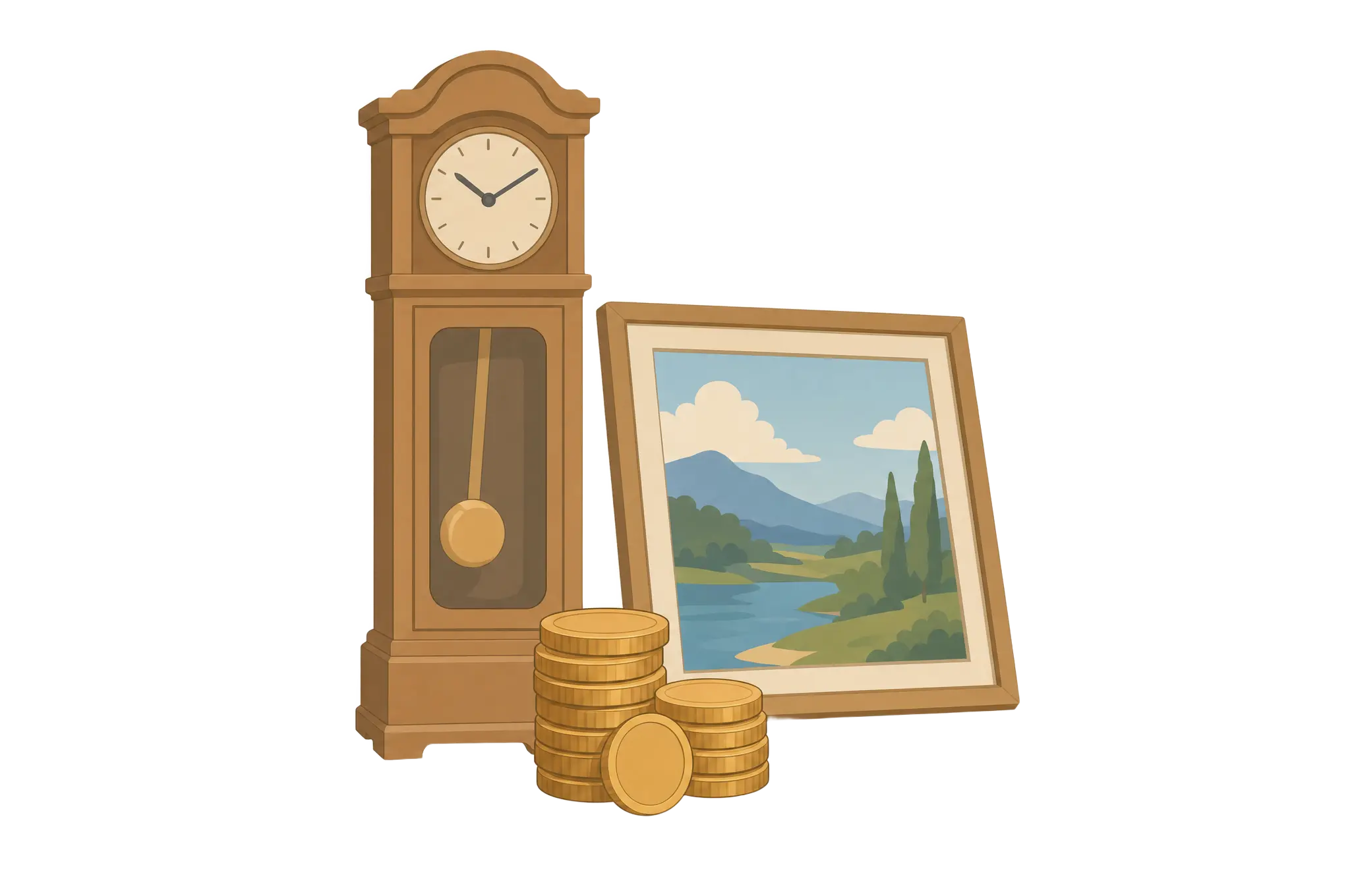 Illustration: alte Standuhr, kleines Gemälde und Münzstapel