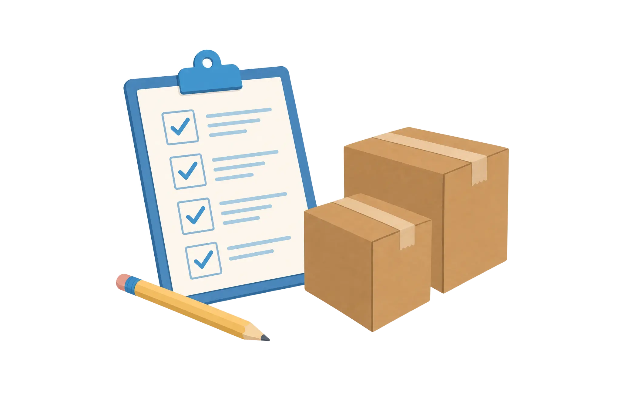 Illustration: Klemmbrett mit abgehakter Liste, Stift und zwei Kartons