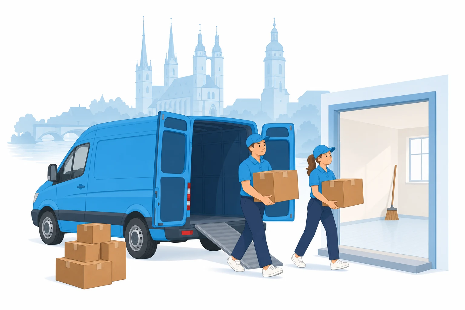 Vektor-Illustration der Halle-Silhouette mit Marktkirche und Rotem Turm, davor Transporter und Kartons